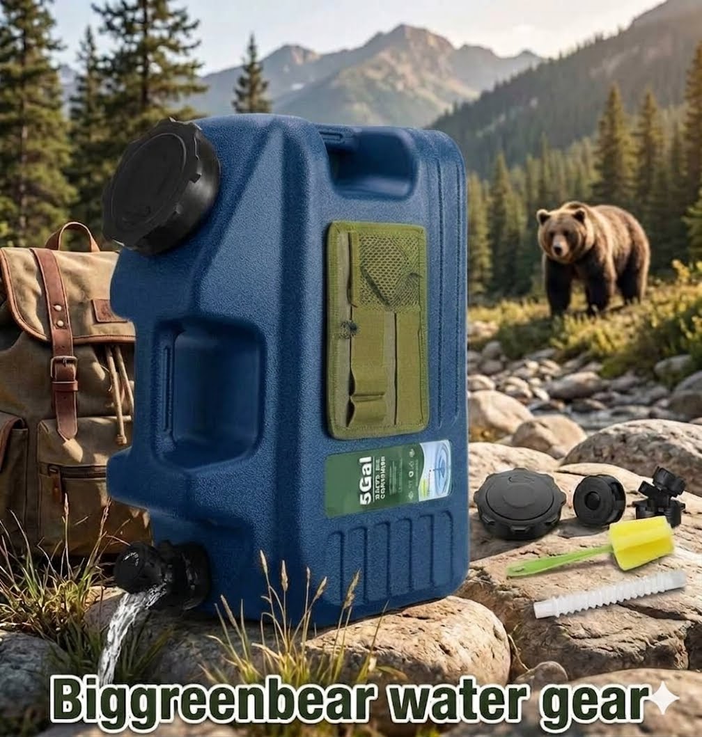 A blue 5-gallon water container with a green window panel and black cap is shown outdoors in a mountain setting, with a bear in the background and camping gear nearby. The text 'Biggreenbear water gear' appears at the bottom.