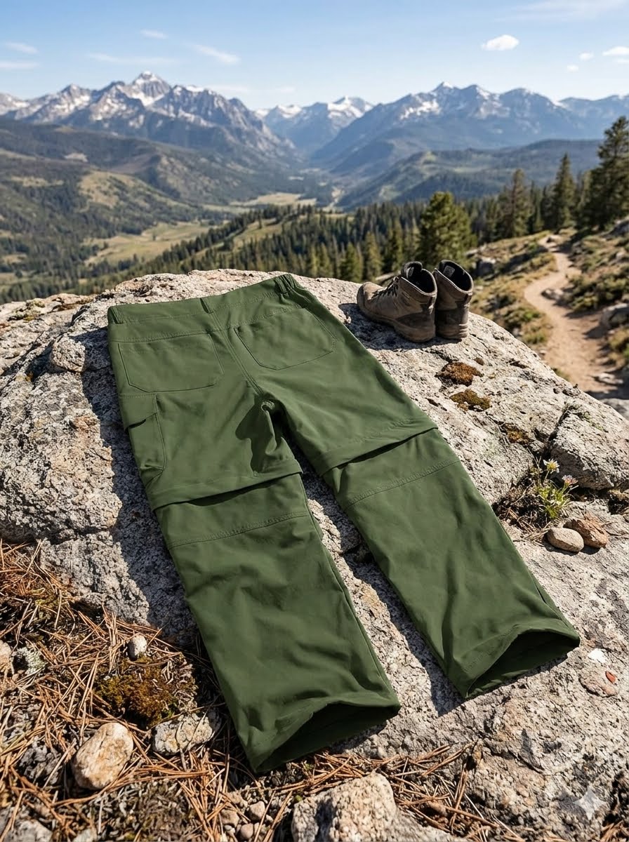 Olive green convertible hiking pants laid out on a large rock with a pair of brown hiking boots nearby, set against a scenic mountain landscape.