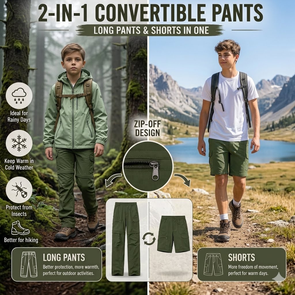 Promotional graphic for 2-in-1 convertible pants showing a boy wearing olive green outdoor pants in two different hiking scenes, with text explaining long pants, shorts, zip-off design, and weather protection. Includes a central close-up of the zipper and a small inset showing both long and short views.