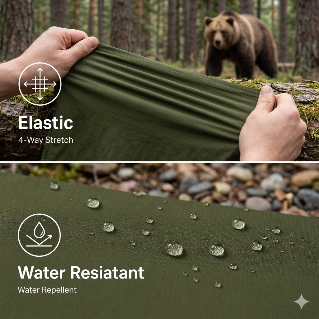 An olive green camping mat shown in a two-panel infographic. The top panel shows hands stretching the fabric to demonstrate its 4-way elastic stretch, with a forest and a bear in the background.