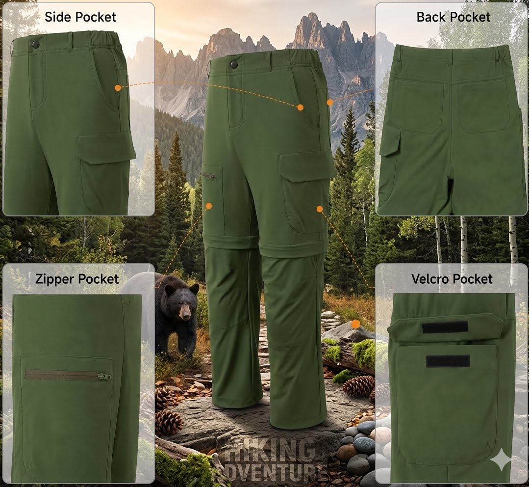 Olive green convertible hiking shorts shown with feature callouts on a mountain trail background. The central panel shows the full shorts, with inset panels labeled Side Pocket, Back Pocket, Zipper Pocket, and Velcro Pocket highlighting storage features.