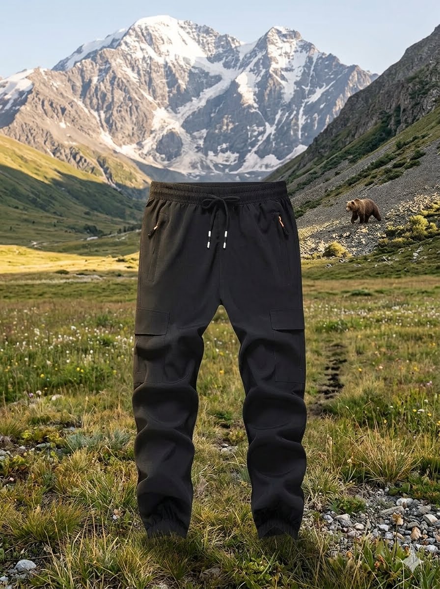 Black outdoor cargo pants with a drawstring waist and side pockets, shown standing upright against a scenic mountain valley background with a bear in the distance. big green bear