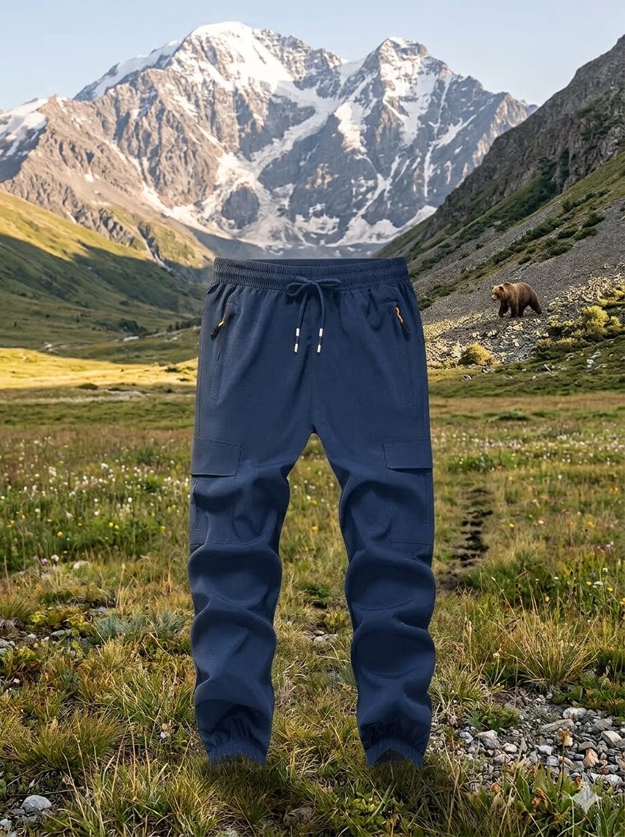 A pair of dark blue outdoor cargo pants displayed on an invisible mannequin against a dramatic mountain and grassy meadow background with a bear in the distance. big green bear