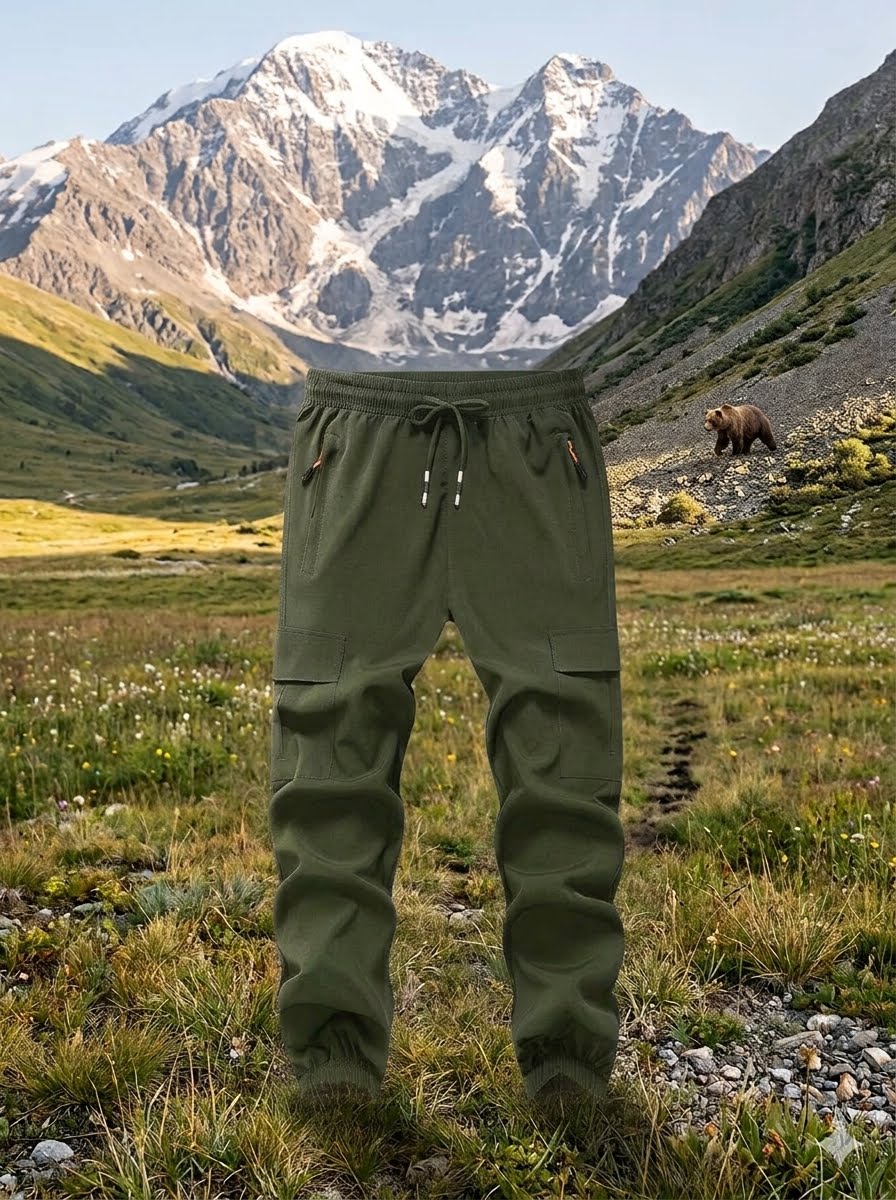 Olive green outdoor cargo pants with a drawstring waist and side pockets, shown against a natural mountain landscape with a bear in the background. big green bear