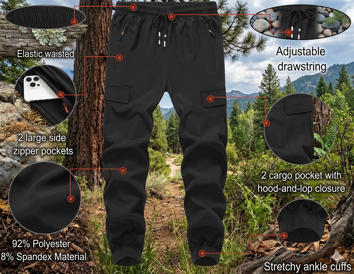 Black jogger-style pants shown against a forest trail background with callout circles and text highlighting features such as elastic waist, adjustable drawstring, two large side zipper pockets, two cargo pockets with hood-and-loop closure, 92% polyester and 8% spandex material, and stretchy ankle cuffs.