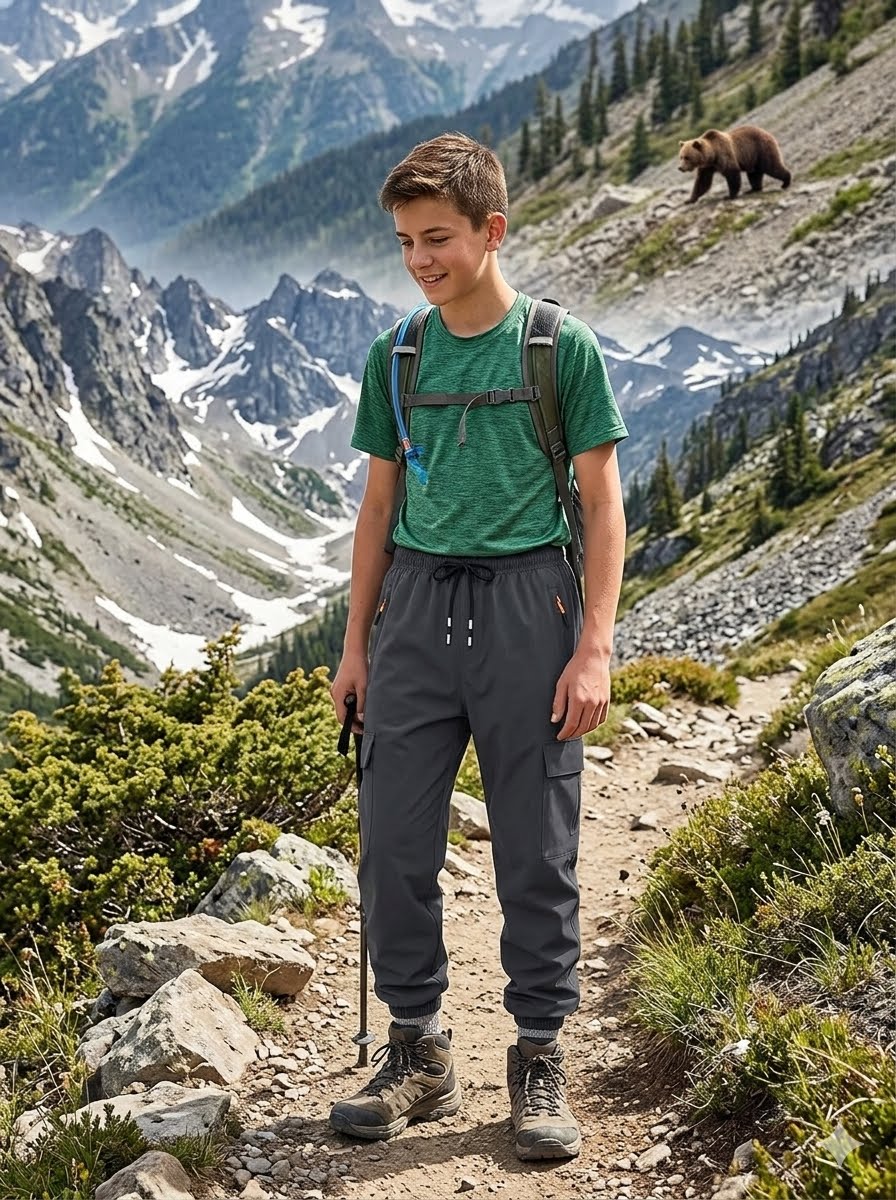 A young male hiker stands on a mountain trail wearing a green t-shirt, dark gray drawstring hiking pants, and hiking boots, with a backpack and trekking pole. A brown bear is visible in the snowy mountain background.