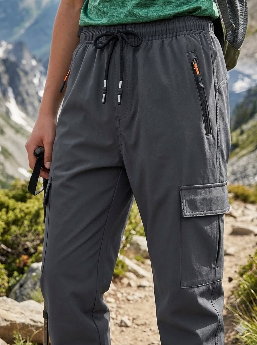 Dark gray outdoor cargo pants worn by a hiker in a mountain setting, featuring an elastic drawstring waist, zippered pockets, and a large cargo pocket on the thigh. big green bear biggreenbear.com