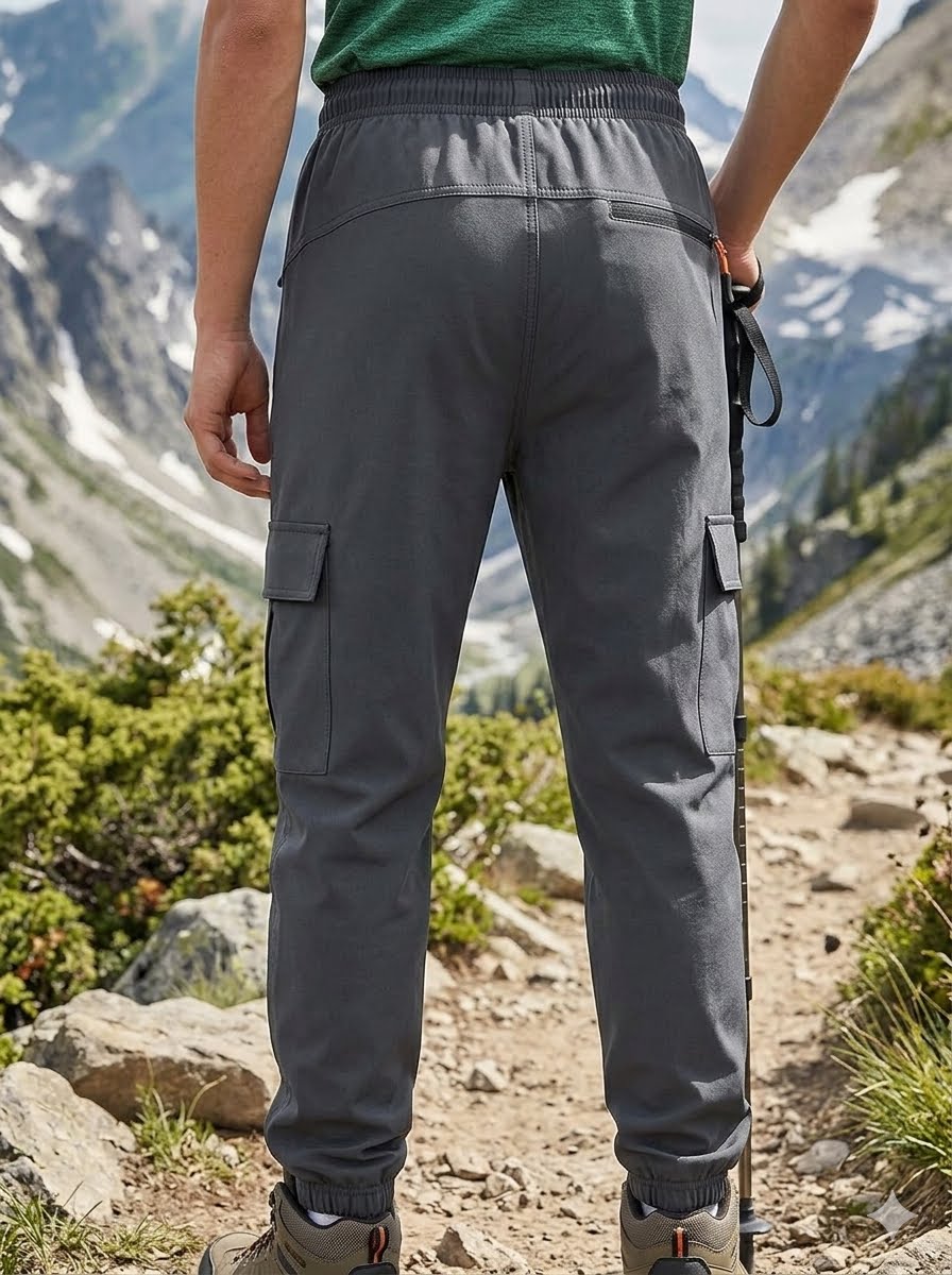 A person viewed from behind wearing dark gray cargo jogger pants with an elastic waistband and cuffs, standing on a mountain trail with rocky terrain and snow-capped peaks in the background.