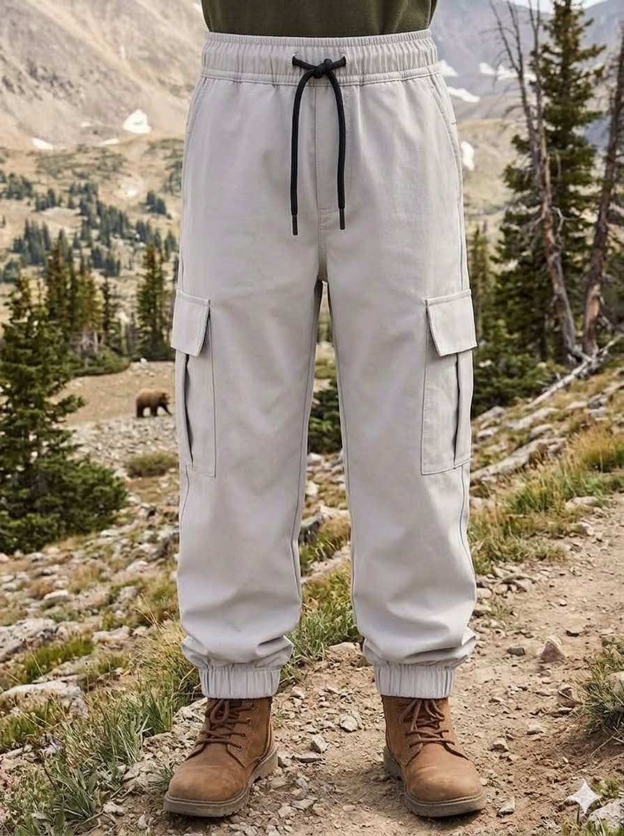 A person standing outdoors in a mountain landscape wearing light beige cargo jogger pants with a black drawstring waist and brown lace-up boots. big green bear biggreenbear.com