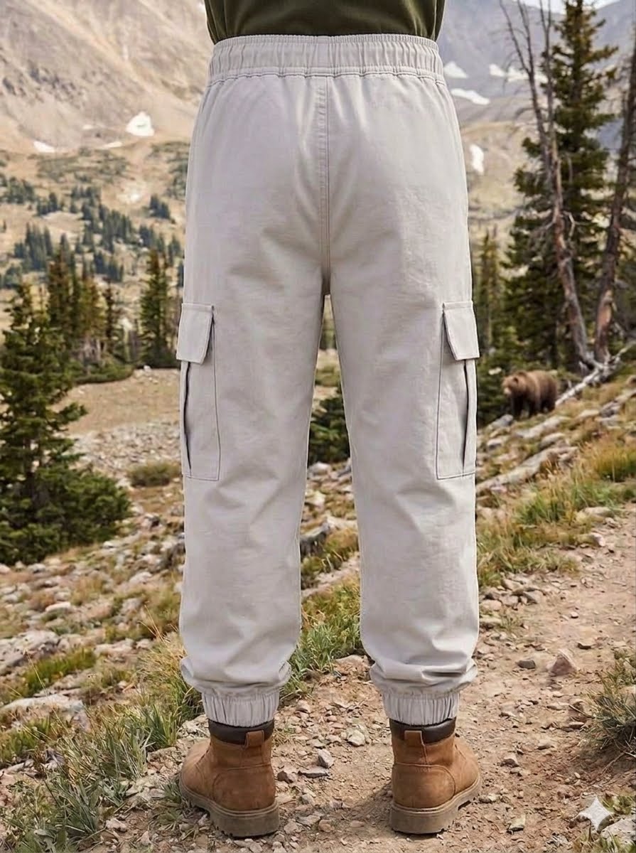 A person standing outdoors in a mountain landscape wearing light beige cargo jogger pants with elastic cuffs and brown boots.