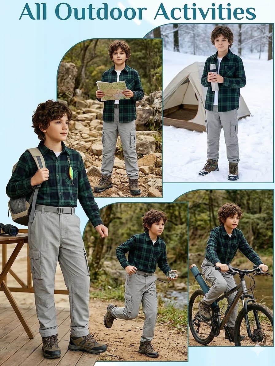A collage showing a boy outdoors in multiple activities, wearing a dark green and black plaid flannel shirt with light gray cargo pants. The scenes include standing on rocks reading a map, standing in the snow holding a cup next to a tent, riding a bicycle, and running on a trail.