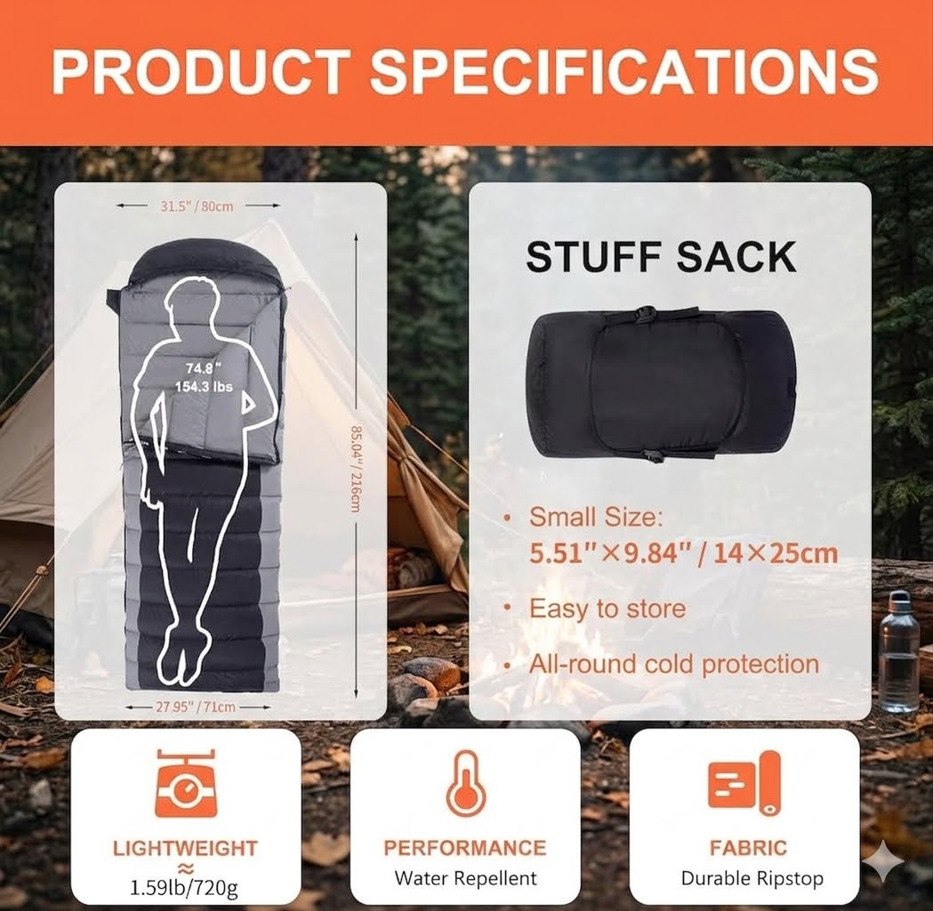 Product specifications graphic for a camping sleeping bag, showing a black and gray sleeping bag with dimensions, a stuffed bag, and feature icons for weight, performance, and fabric on an outdoor camping background.