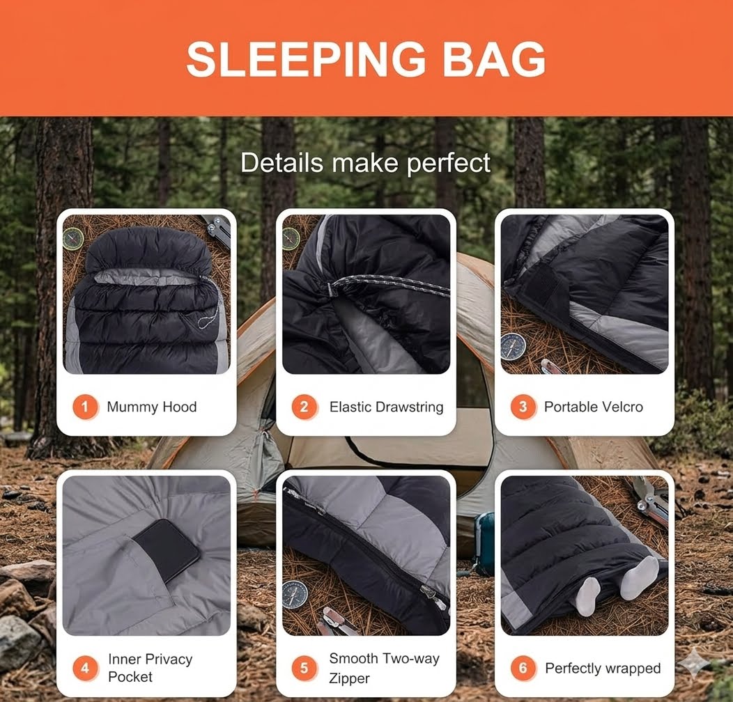 A promotional infographic for a sleeping bag, featuring an orange header reading 'SLEEPING BAG' and six labeled detail photos showing features like a mummy hood, elastic drawstring, velcro pocket, inner privacy pocket, zipper, and wrapping. The background shows a forest with a tent and sleeping bag.