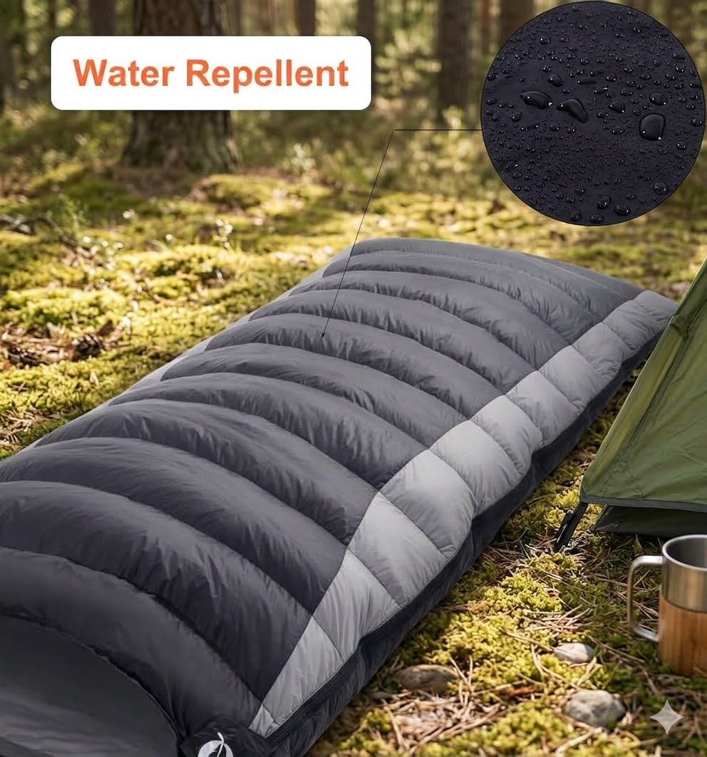 A dark gray water-repellent sleeping bag laid out on a mossy forest ground next to a green tent, with a circular inset showing water droplets on a black surface and a text label reading 'Water Repellent'.