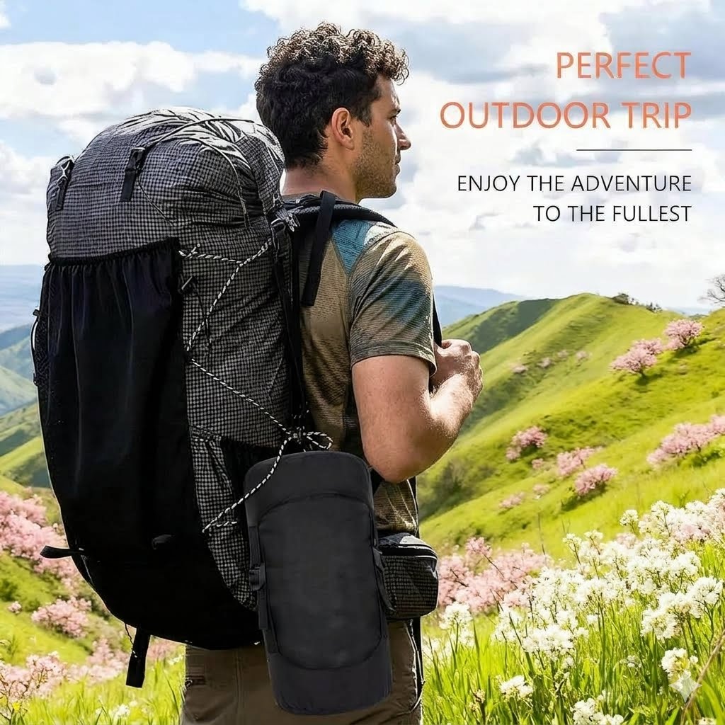 A man wearing a large black and gray hiking backpack stands on a grassy mountain path with pink flowers and green hills in the background. Text on the right reads 'PERFECT OUTDOOR TRIP' and 'ENJOY THE ADVENTURE TO THE FULLEST'.