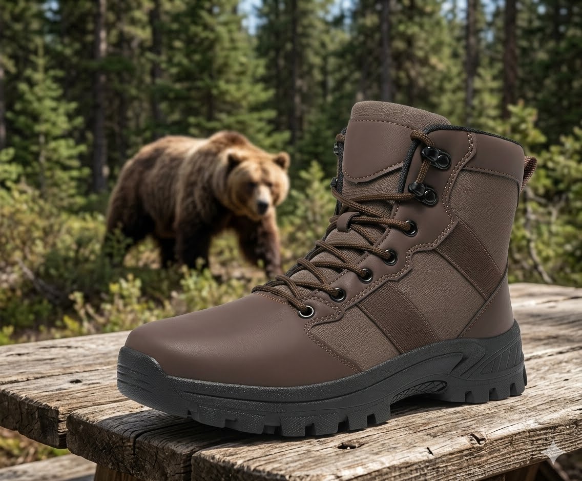 A brown mid-calf tactical-style boot with black laces and a black sole, displayed on a wooden plank with a blurred forest and bear in the background.
