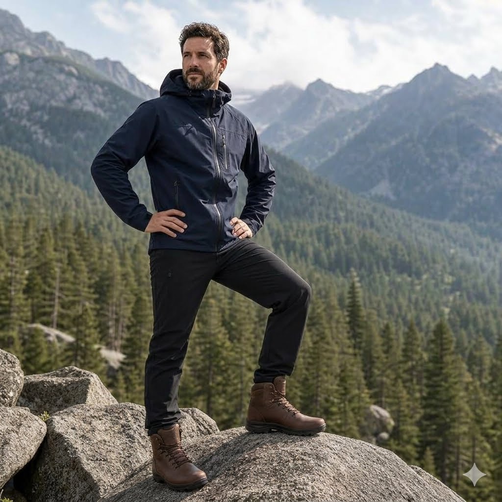 A man wearing a navy blue hooded jacket, black pants, and brown hiking boots stands on a large rock in a mountainous pine forest setting.