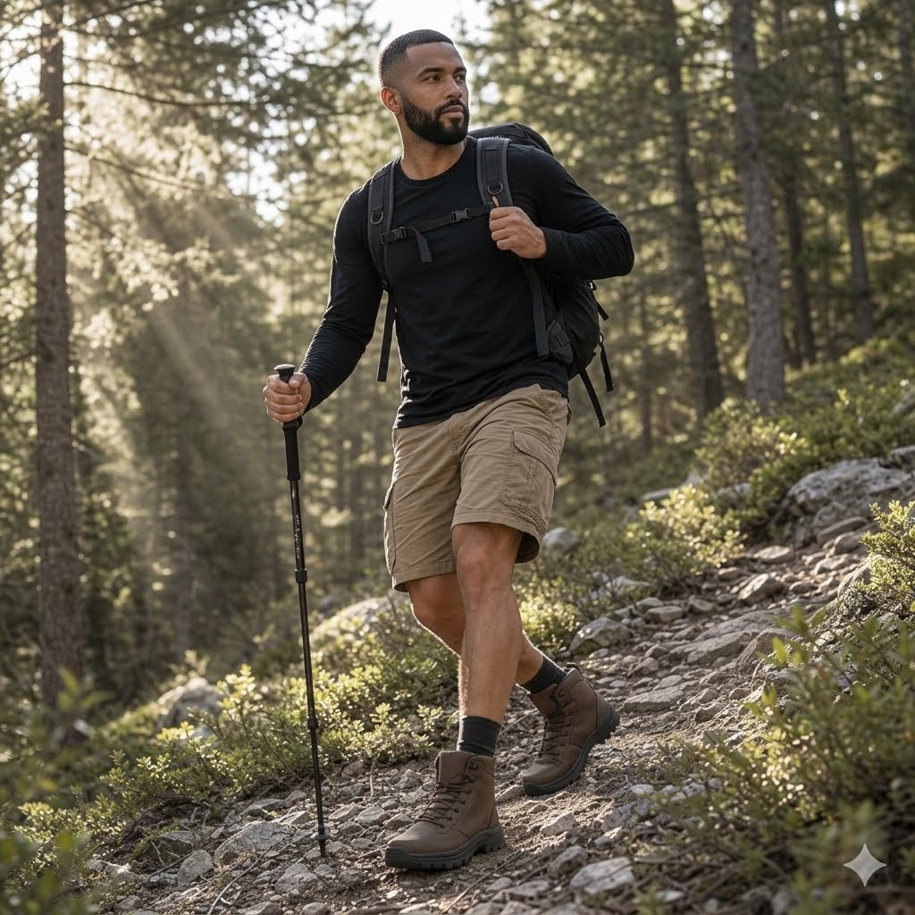 A man hiking up a rocky forest trail wearing a black long-sleeve shirt, khaki shorts, brown hiking boots, and a black backpack, holding a trekking pole.