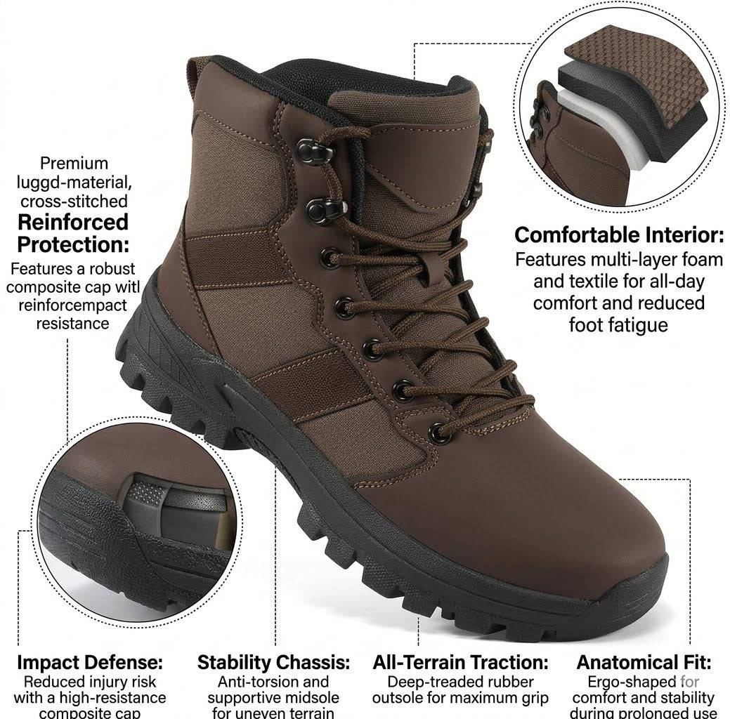 A brown lace-up work boot shown on a white background with callout text and circular detail insets highlighting features such as reinforced protection, comfortable interior, impact defense, stability chassis, all-terrain traction, and anatomical fit.