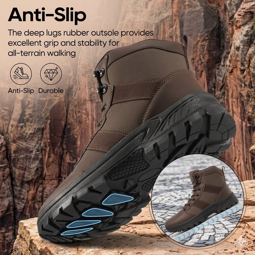 A brown mid-calf hiking boot with a black treaded sole, shown on a rock surface with promotional text about anti-slip rubber outsole and a circular inset showing the boot from the back.
