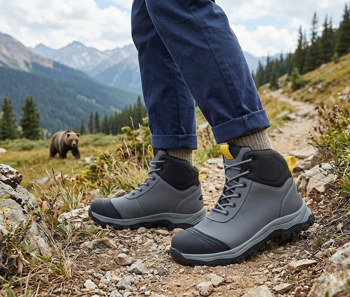 A person wearing gray and black hiking boots with blue pants stands on a rocky mountain trail, with a bear and pine-covered mountains in the background.