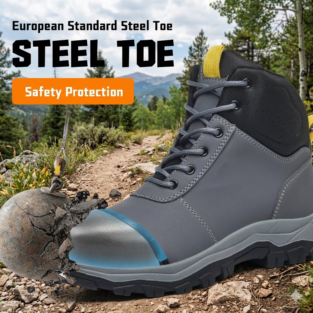 A gray and black high-top work boot with a steel toe cap, shown outdoors on a rocky trail with text overlays reading 'European Standard Steel Toe', 'STEEL TOE', and 'Safety Protection'.