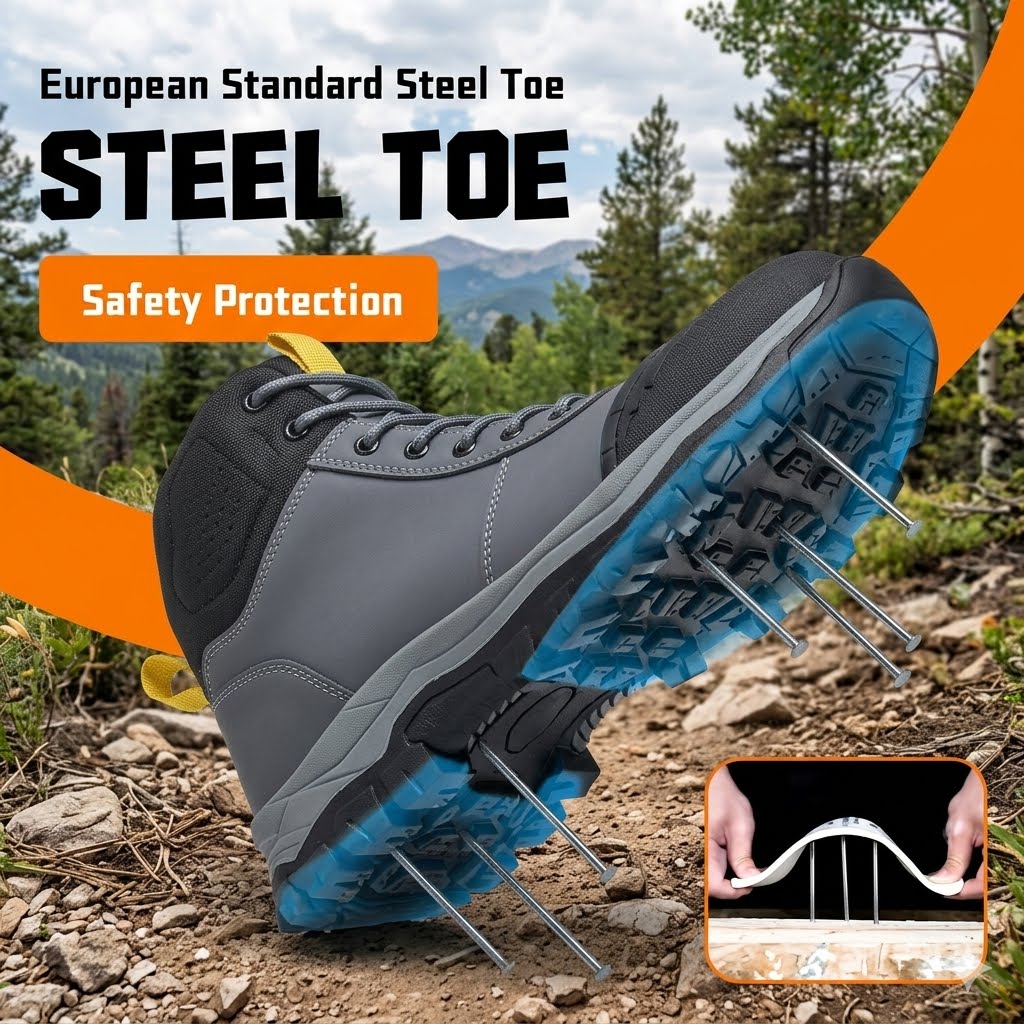 A gray and black hiking boot with a blue treaded sole and embedded steel toe spikes, shown outdoors on rocky ground with trees and mountains in the background. Large text reads 'European Standard Steel Toe STEEL TOE' and 'Safety Protection,' with an inset demonstrating the toe bending under force.
