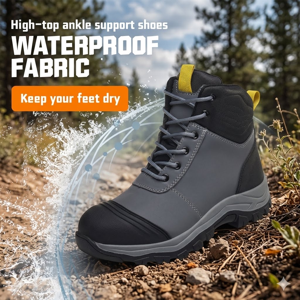 A gray and black high-top ankle support boot with yellow pull tabs, shown outdoors on a rocky trail with water splash graphics and text reading 'WATERPROOF FABRIC' and 'Keep your feet dry'.