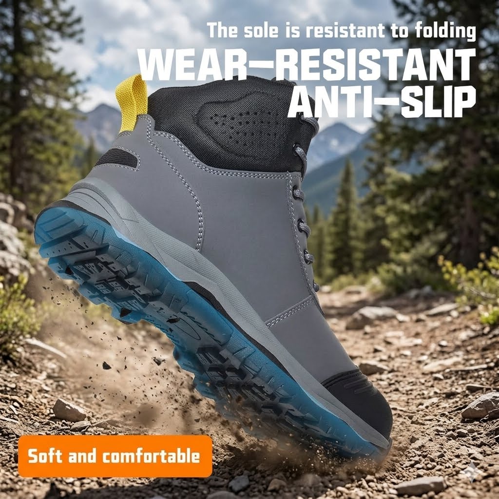 A gray and black hiking boot with a bright blue sole is shown mid-step on a rocky mountain trail. The image features promotional text overlays: 'The sole is resistant to folding WEAR-RESISTANT ANTI-SLIP' and 'Soft and comfortable'.