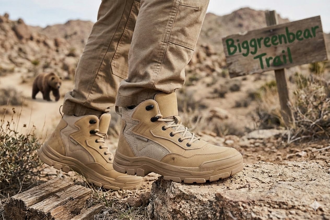 A close-up of a person wearing tan tactical boots and khaki pants, standing on a rocky trail in a desert landscape. A wooden sign reads 'Biggreenbear Trail', and a bear is visible in the background.