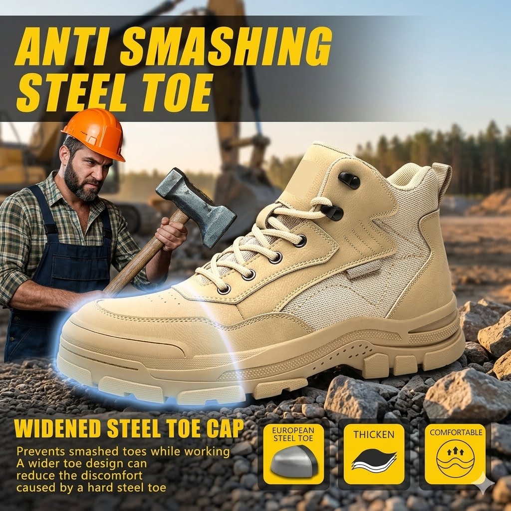 A beige high-top work boot with a widened steel toe cap is shown prominently in the foreground, with a construction worker holding a hammer in the background. Large text reads 'ANTI SMASHING STEEL TOE,' and smaller text highlights a widened steel toe cap, European steel toe certification, thick design, and comfort.