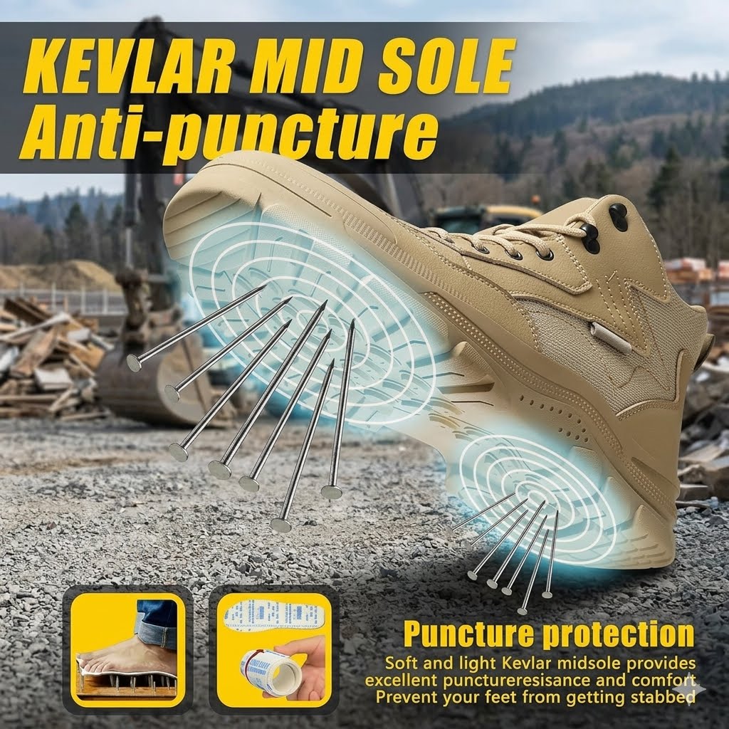 A tan midsole safety shoe shown with large promotional text reading 'KEVLAR MID SOLE Anti-puncture' and 'Puncture protection,' plus illustrated nail penetration effects and small inset usage/demo panels. This is not a clean product-only studio shot because the scene includes a real outdoor construction background and marketing graphics, so the best fit is Lifestyle rather than Product/Packaging or Instruction Diagram.
