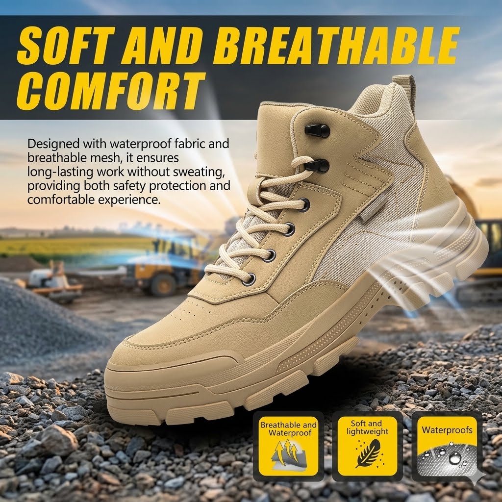 A beige tactical-style work boot shown prominently in the foreground with marketing text reading 'SOFT AND BREATHABLE COMFORT' and feature icons for breathability, softness, and waterproofing. The background is a blurred outdoor road scene with construction equipment.