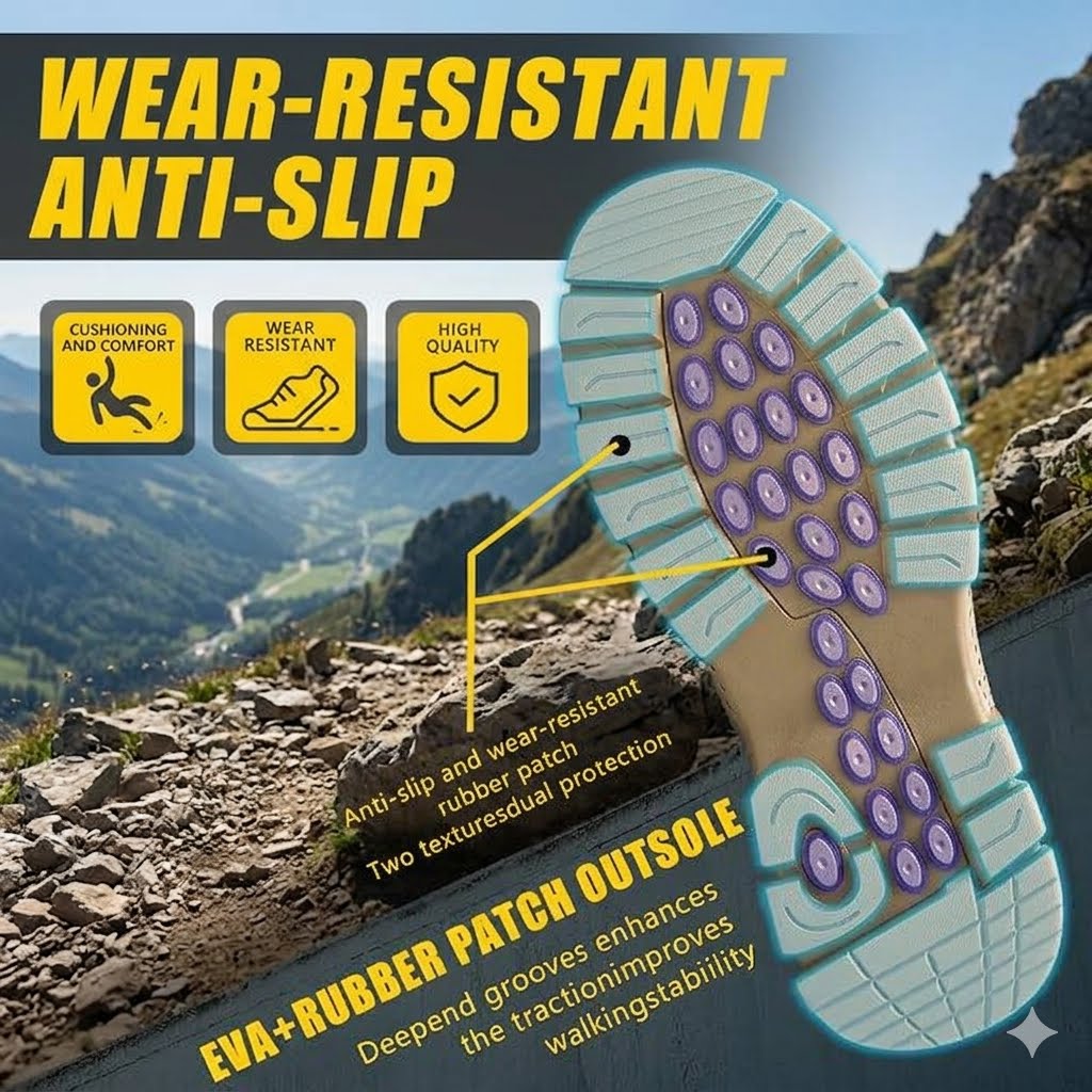 An infographic-style product image for a non-slip shoe sole, showing a cutaway view of the outsole with purple rubber patches and text callouts over a mountain trail background. Large headline text reads 'WEAR-RESISTANT ANTI-SLIP' with feature icons for cushioning, wear resistance, and high quality.