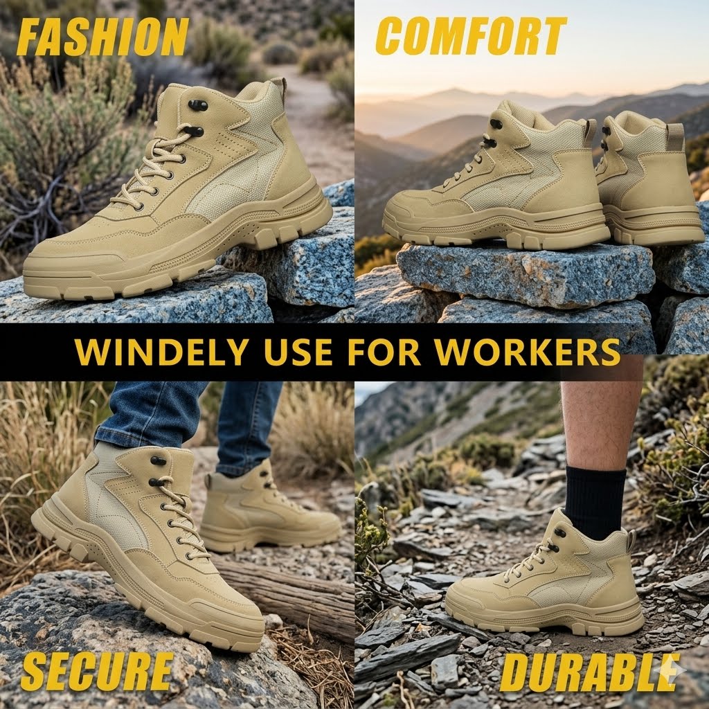 A four-panel collage showing tan work boots in outdoor settings, with text overlays reading FASHION, COMFORT, SECURE, DURABLE, and a central banner saying WINDELY USE FOR WORKERS. The boots are shown worn and resting on rocks in a rugged outdoor environment.