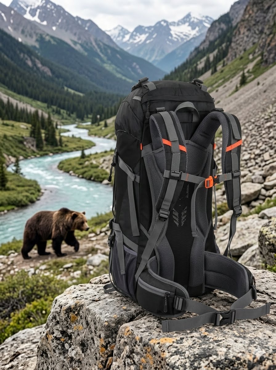 A large black and gray hiking backpack with orange accents is shown from the back, resting on a rocky mountain ledge with a river and a bear in the background.