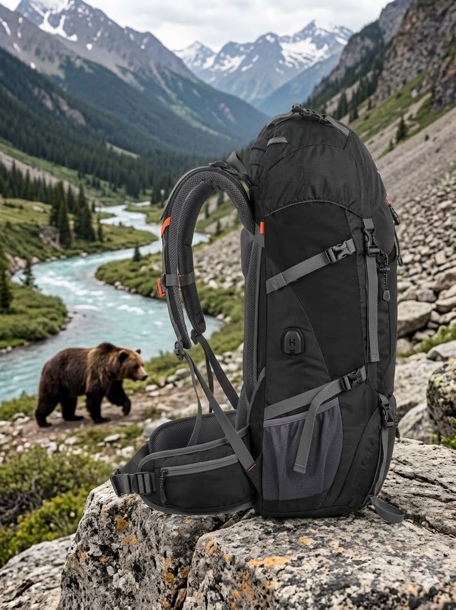 A large black outdoor backpack stands on a rocky mountain ledge with a scenic valley, river, and bear in the background. No person is present, but a real outdoor environment is clearly visible, so this is Lifestyle rather than Product/Packaging.