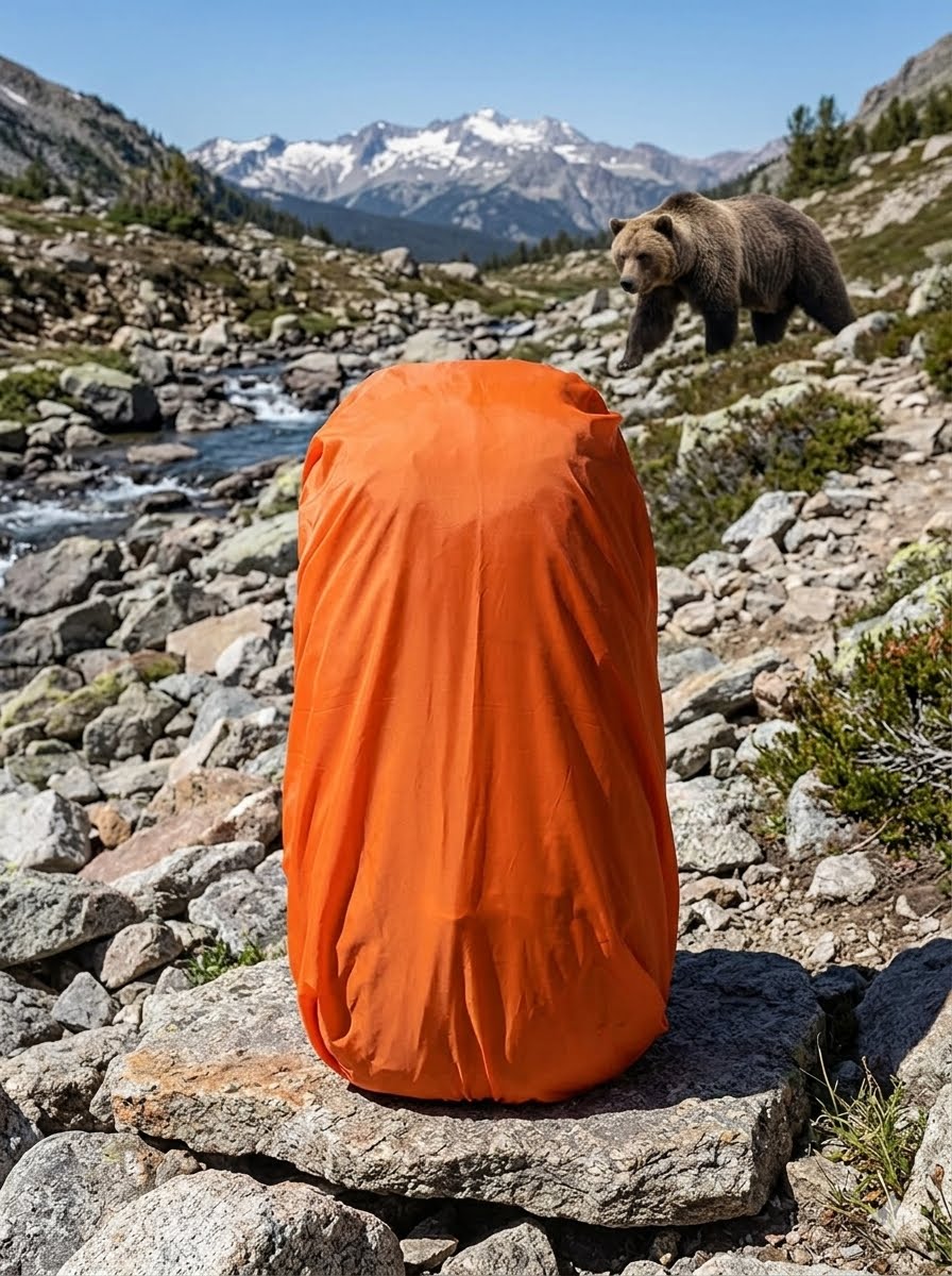 An orange waterproof backpack cover is shown from the back, sitting on a large rock in a rocky mountain stream with a grizzly bear walking in the background.