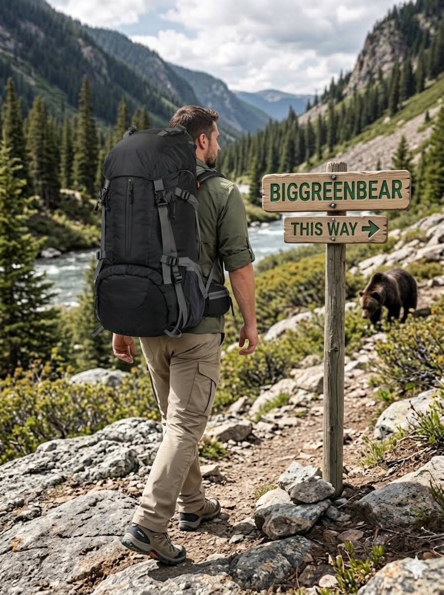 A man wearing a large black hiking backpack walks along a rocky trail in a mountain landscape, looking toward a wooden signpost that reads 'BIGGREENBEAR' and 'THIS WAY'. A bear is visible in the background near the sign.