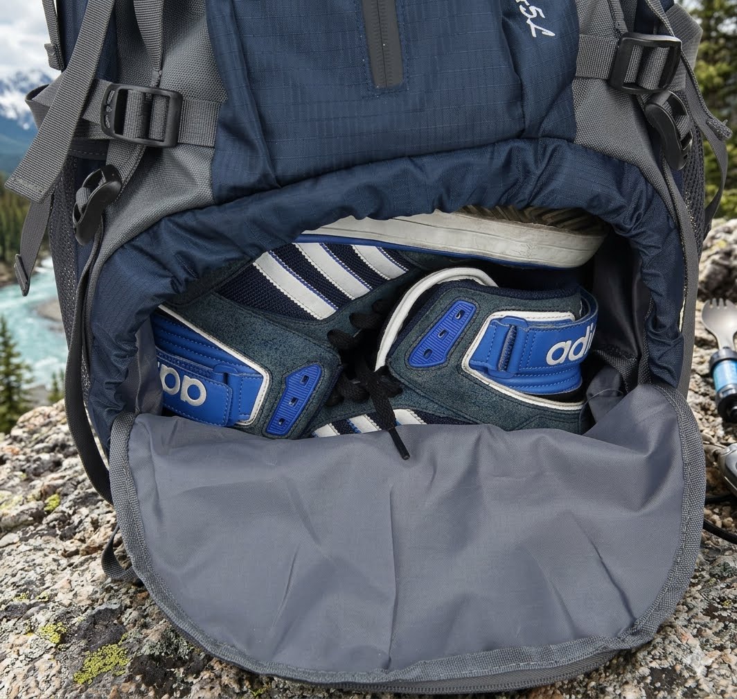 A gray and navy hiking backpack shown open on a rocky outdoor surface, with blue and white Adidas sneakers stored inside.