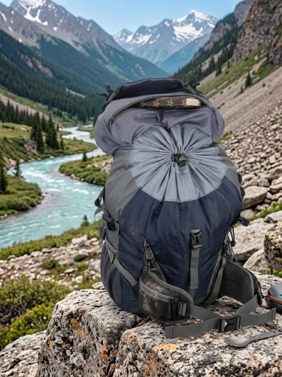 A large gray and navy blue hiking backpack sits on a rocky outcrop overlooking a scenic mountain valley with a turquoise river and snow-capped peaks in the distance.