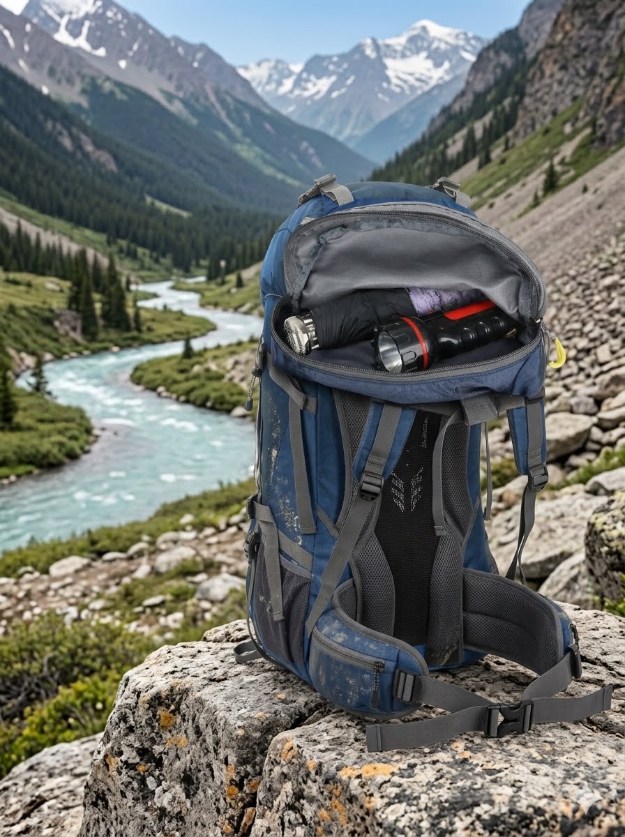 A blue and gray hiking backpack sits open on a rocky mountain ledge with a river and snowy mountains in the background. A black and red water bottle is visible inside the backpack.