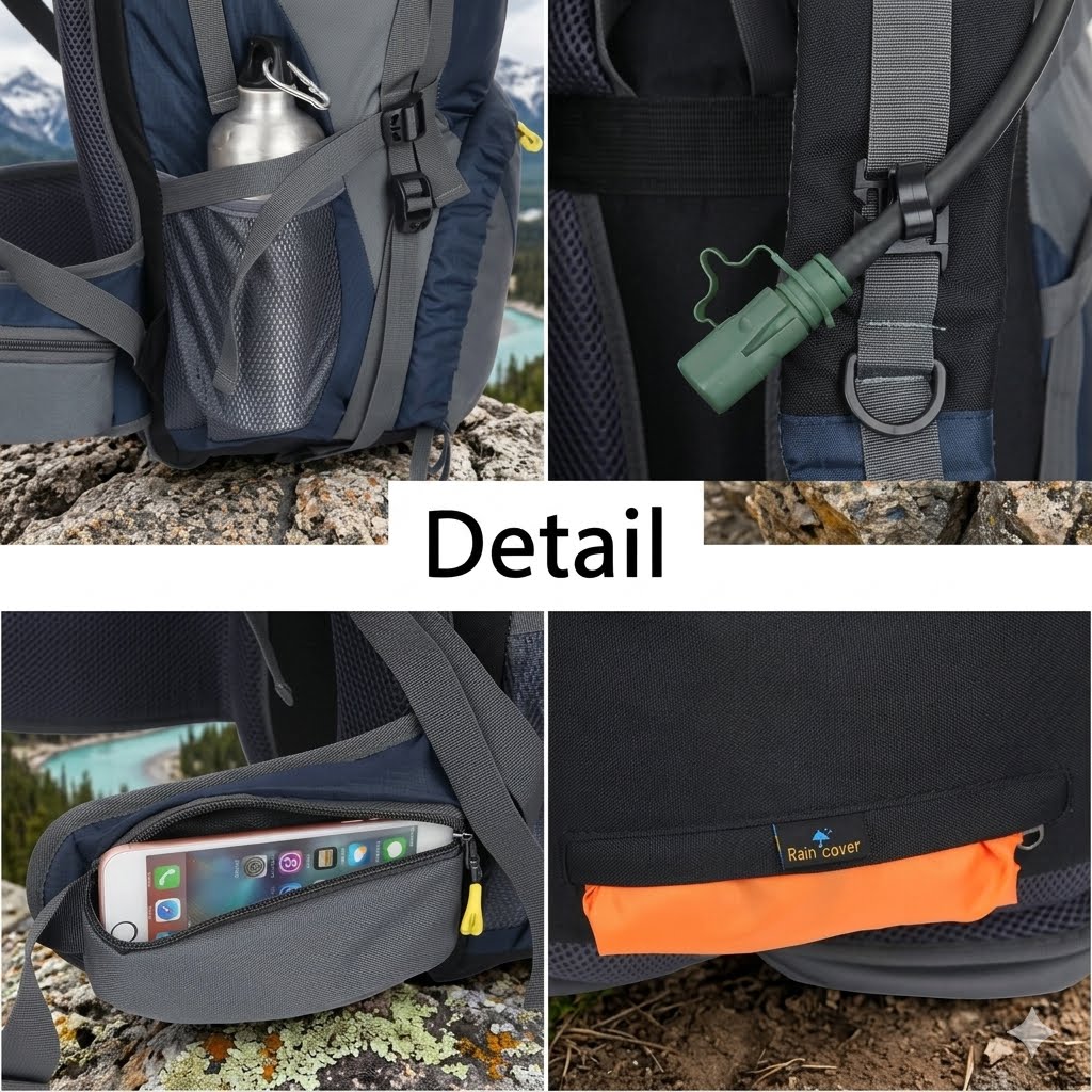 A four-panel collage showing close-up details of a backpack outdoors. The top-left panel shows the side mesh pocket holding a water bottle.