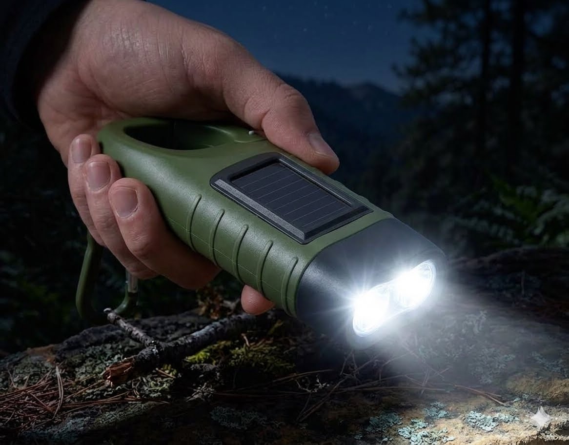 A hand holding a green solar-powered flashlight with its bright LED beam turned on, illuminating a forest floor at night.