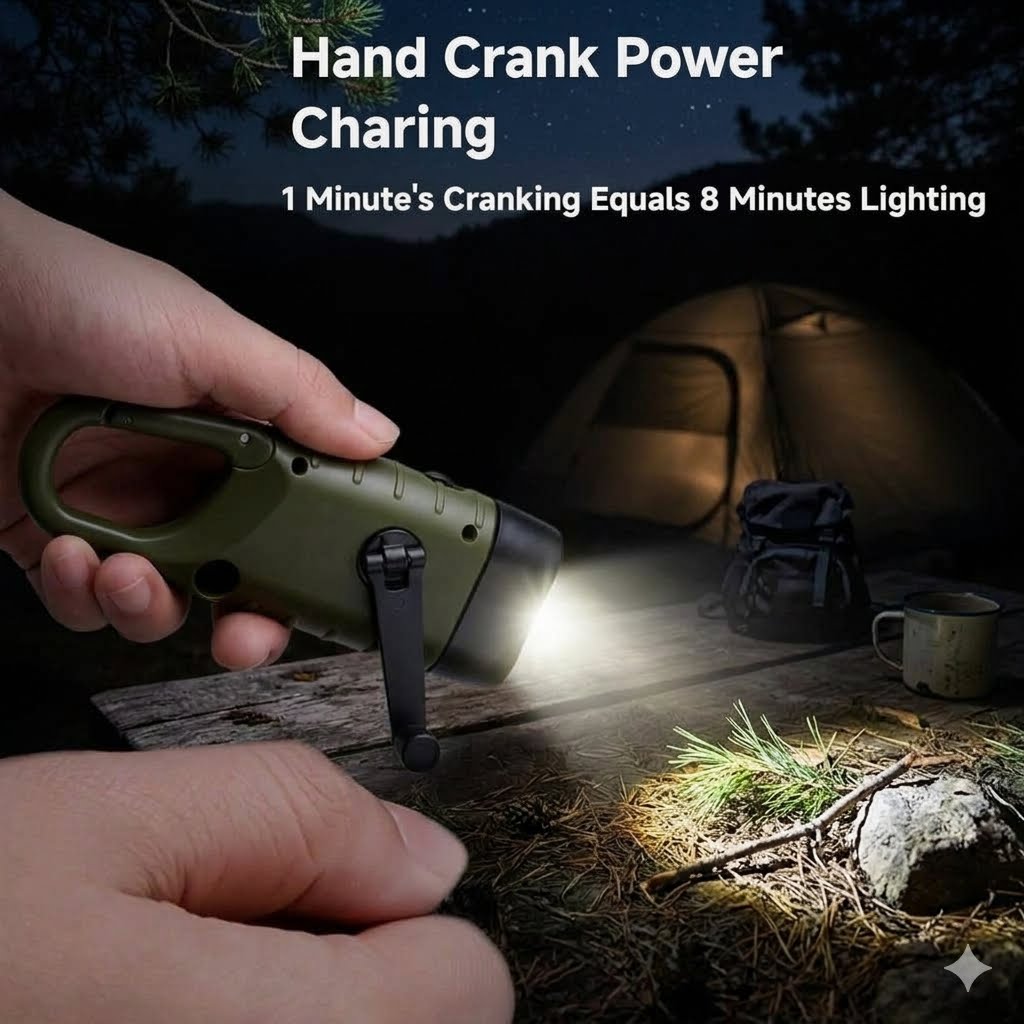 A hand cranks a compact green power charger flashlight, with bright white light shining toward a camping tent at night. Text on the image reads 'Hand Crank Power Charging' and '1 Minute's Cranking Equals 8 Minutes Lighting.