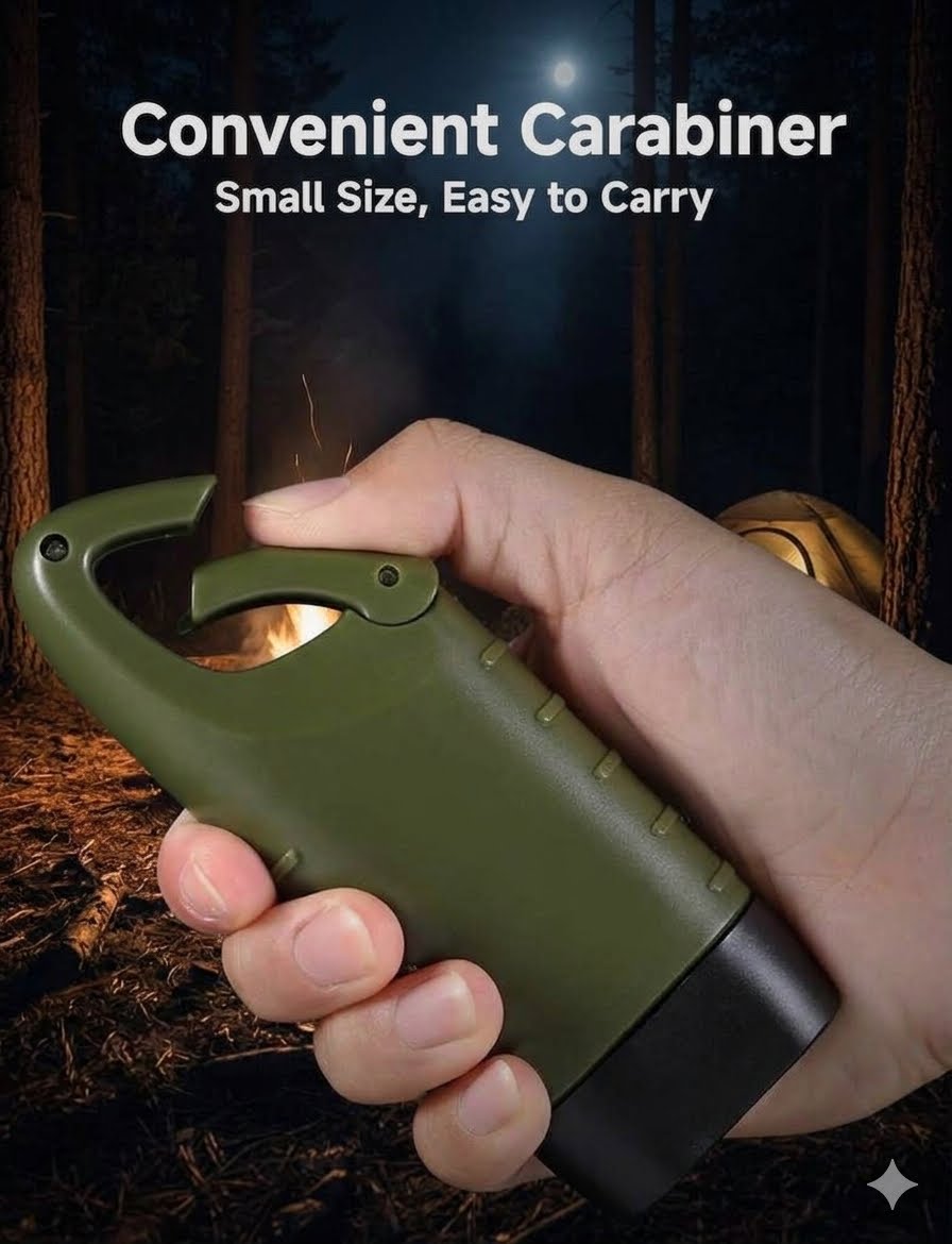 A hand holding an olive green carabiner flashlight with a black base, set against a dark forest background with text reading 'Convenient Carabiner Small Size, Easy to Carry'.