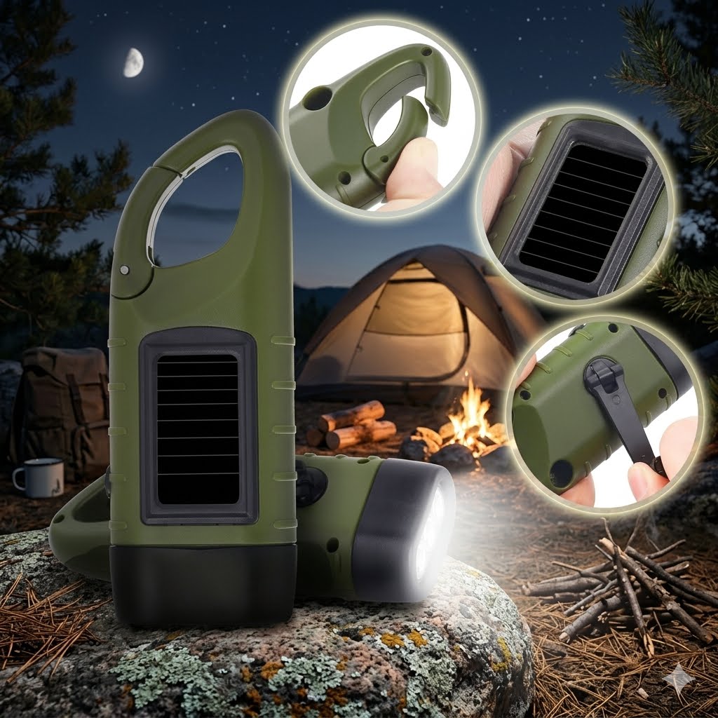 An olive green portable camping lantern with a built-in flashlight and solar panel, shown in a nighttime camp scene with a tent, fire, and trees. Three circular inset close-ups highlight the clip, vent, and switch details.