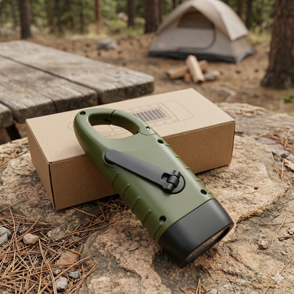 An olive green and black outdoor flashlight with a clip, resting on a cardboard box on a rock in a forest setting with a tent and picnic table in the background.