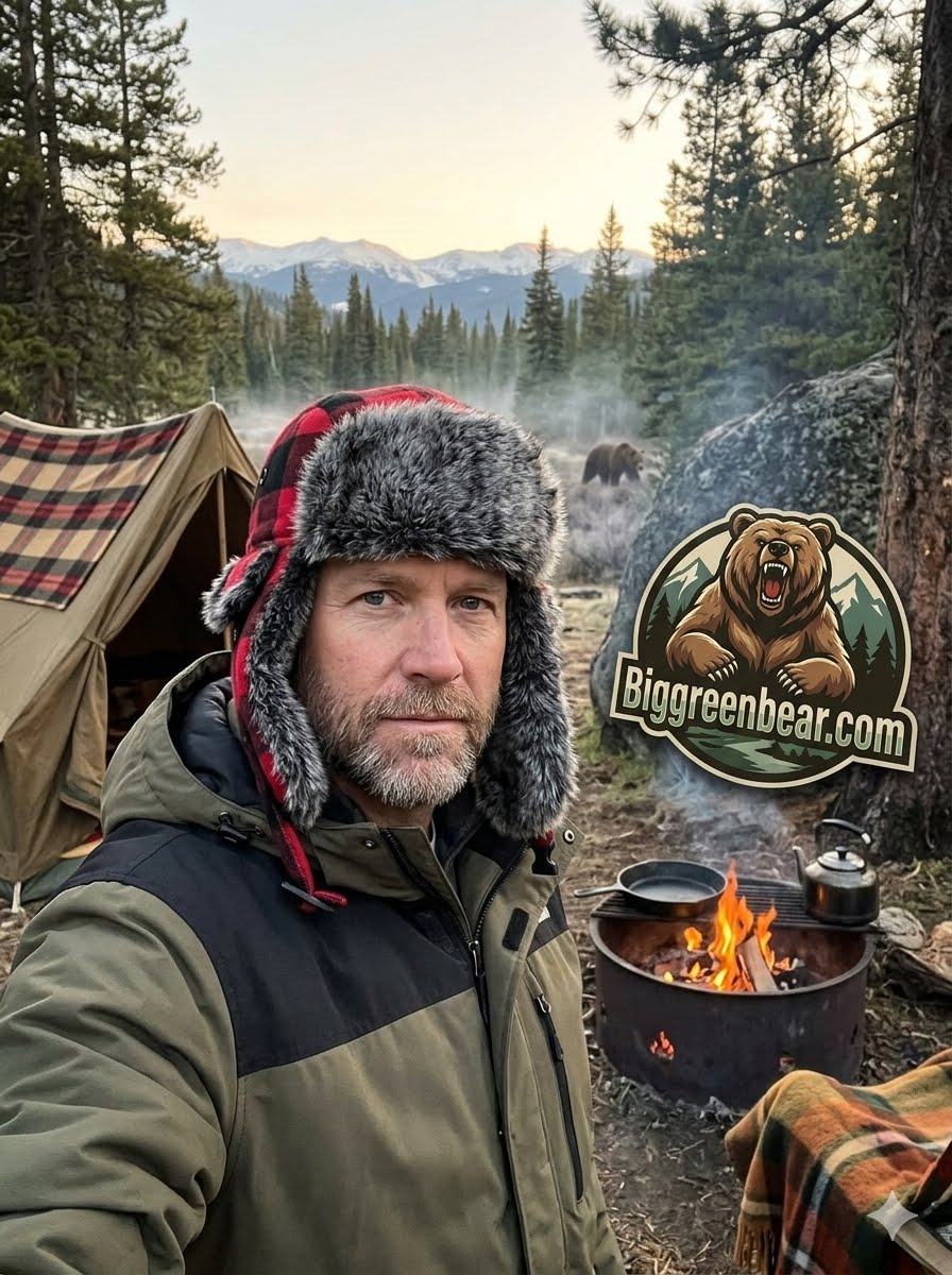 A man wearing a brown and black winter jacket and a gray fur trapper hat with red ear flaps takes a selfie at a mountain camping site. A canvas tent, a fire pit with a burning fire, and a bear logo overlay reading 'Biggreenbear.