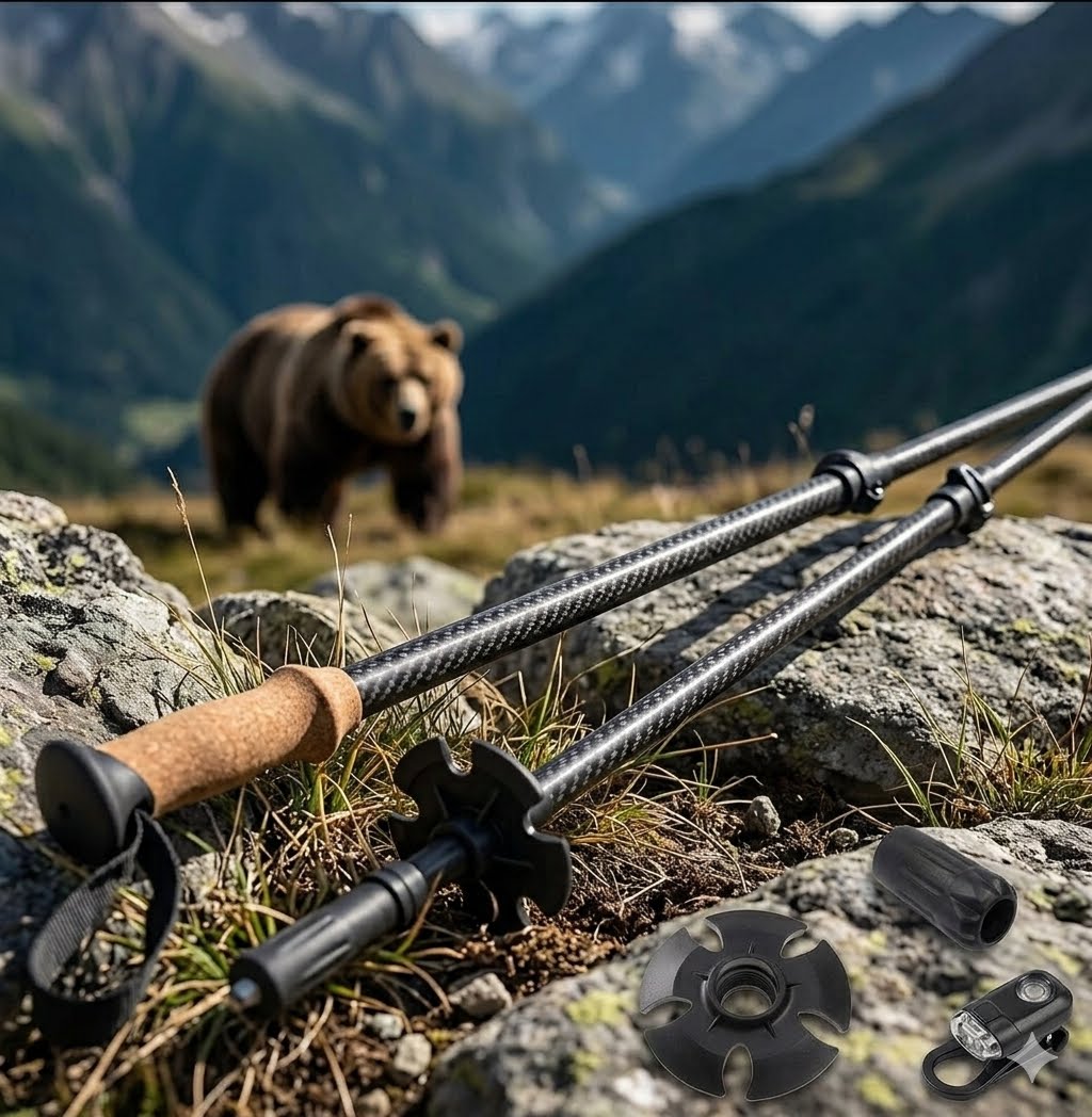 Two hiking poles with black carbon-fiber textured shafts, cork grips, and black wrist straps are placed on a rocky mountain path. A blurred brown bear stands in the background among green mountains.